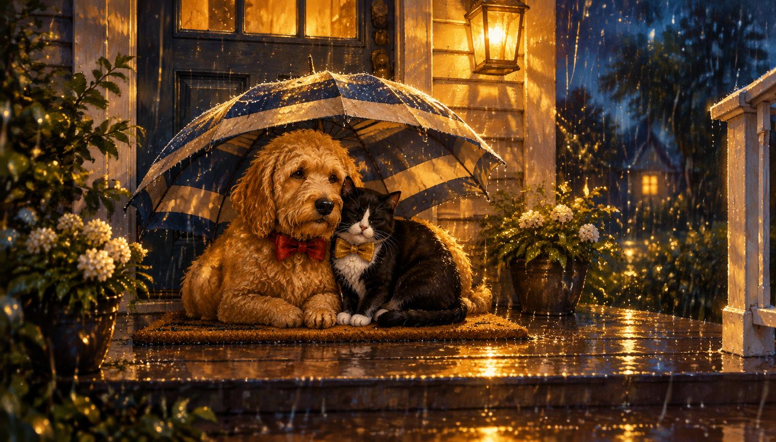 A dog and a cat sheltered together under an umbrella on a rainy porch at night
