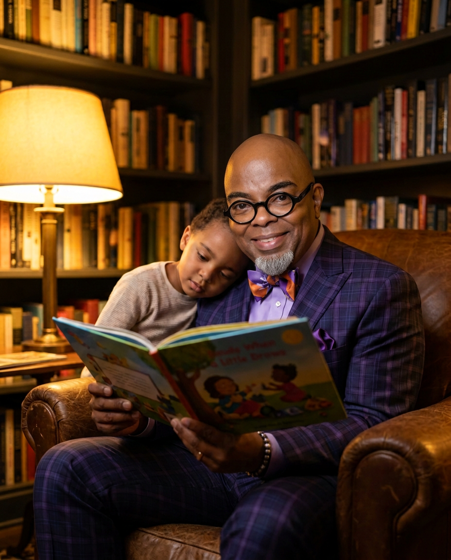 Ricc Rollins reading a children's picture book aloud to a young child
